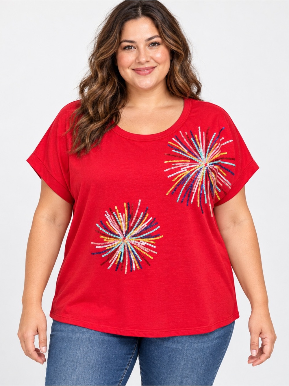 Haptics Red Multicolor Sequin Fireworks Dolman Top Size 1X